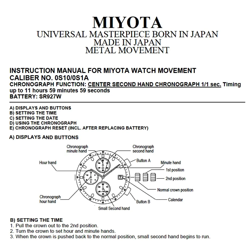 Chronograph Movement MIYOTA 0S10 Quartz Movement OS10
