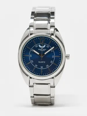 Chunky Link Strap Watch In Silver With Blue Dial