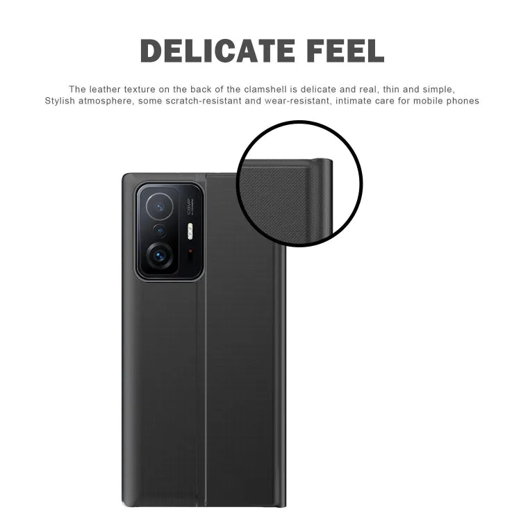For Xiaomi Mi 11 Side Window Display Magnetic Suction Plain Grain Flip PU Leather   PC Case with
