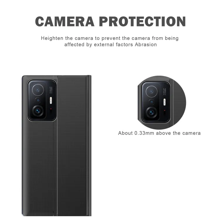 For Xiaomi Mi 11 Side Window Display Magnetic Suction Plain Grain Flip PU Leather   PC Case with