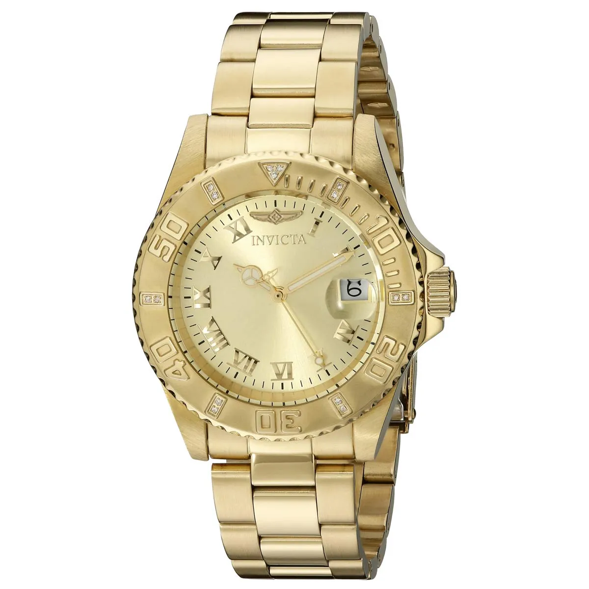 Invicta 12820 Women's Yellow Steel Bracelet Swiss Quartz Pro Diver Diamond Gold Tone Dial Date Watch