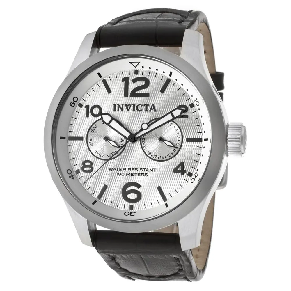 Invicta 13009 Men's I-Force Silver Textured Dial Black Leather Strap Watch