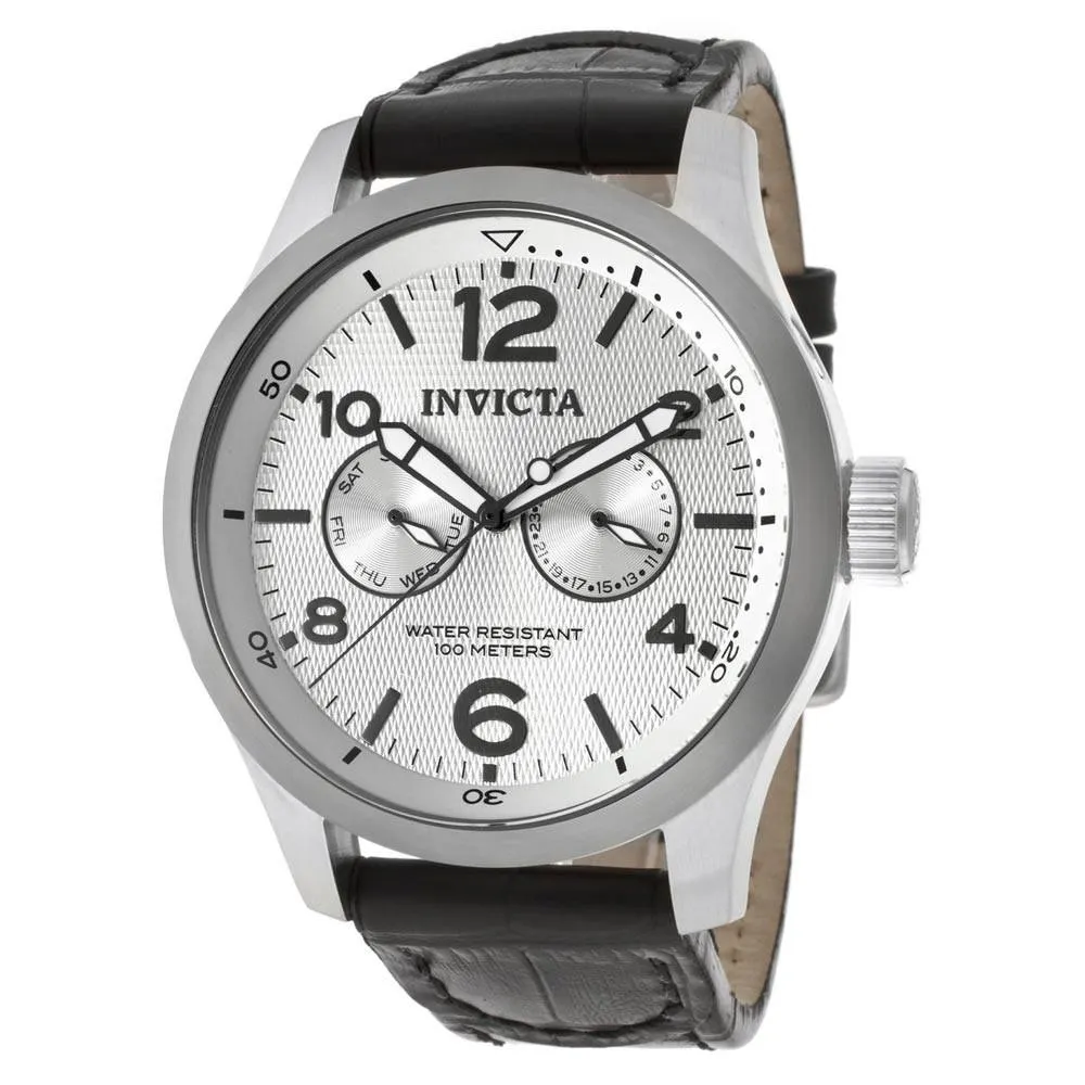 Invicta 13009 Men's I-Force Silver Textured Dial Black Leather Strap Watch