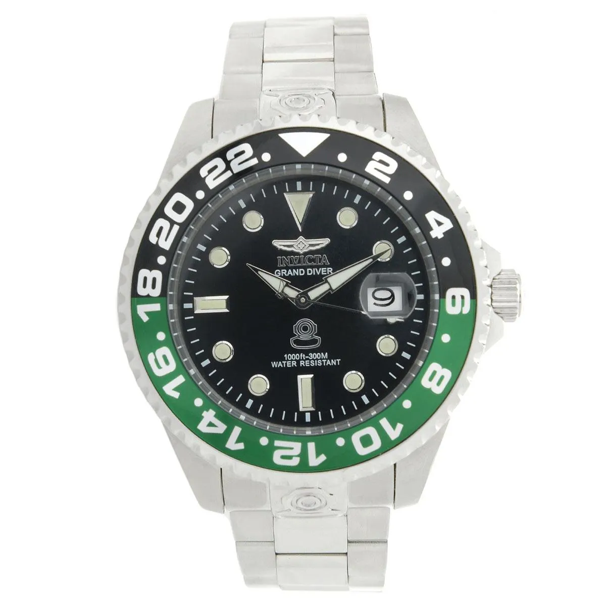 Invicta 21866 Men's Grand Diver Black & Green Accented Bezel Steel Bracelet Automatic Dive Watch