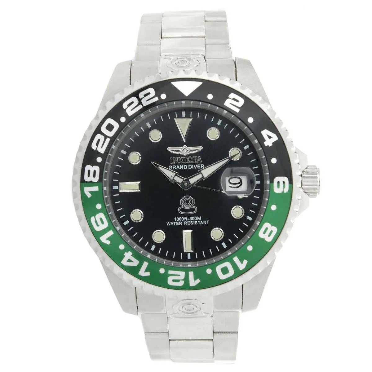 Invicta 21866 Men's Grand Diver Black & Green Accented Bezel Steel Bracelet Automatic Dive Watch