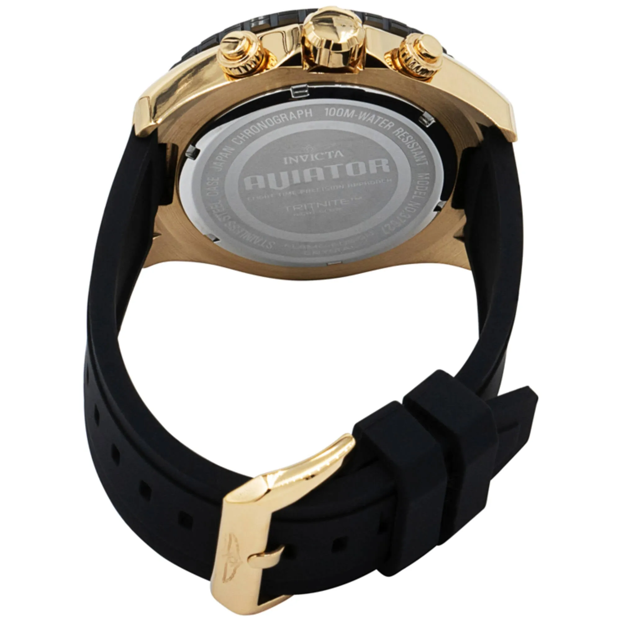 Invicta Men's Watch - Aviator Black Dial Yellow Gold Case Silicone Strap | 37627