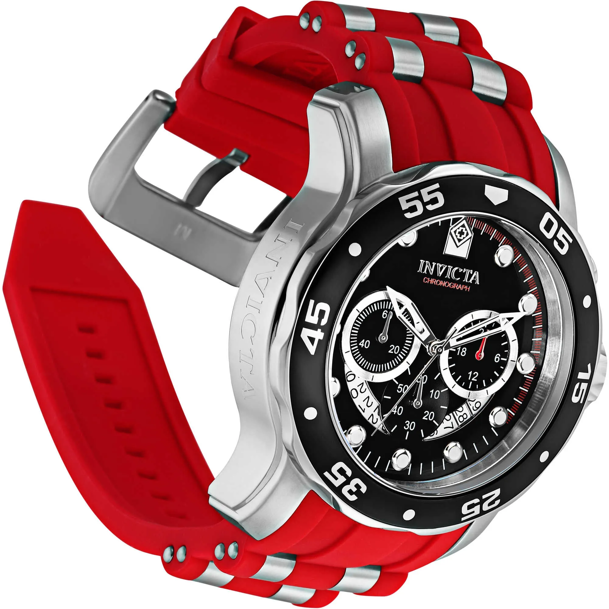 Invicta Men's Watch - Pro Diver Chronograph Black Dial Silver and Red Strap | 34009