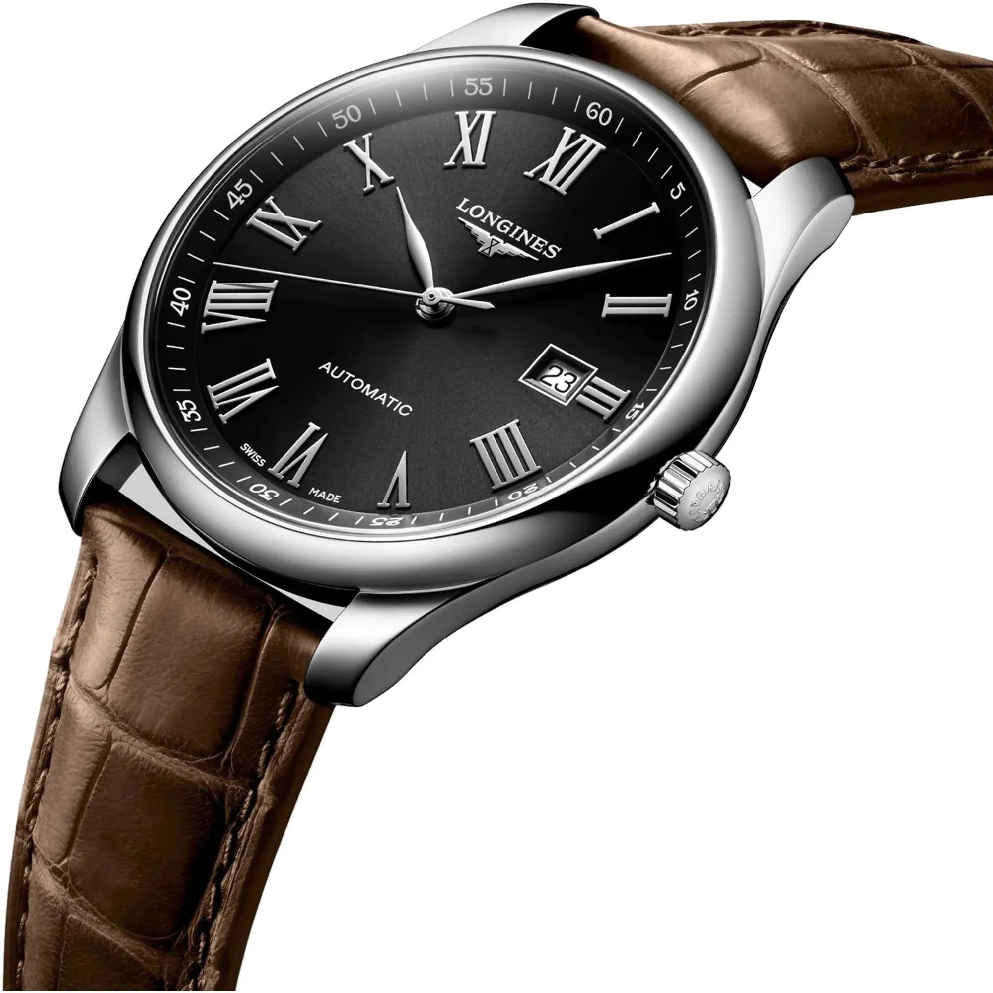 Longines Men's Watch - Master Automatic Black Dial Brown Leather Strap | L28934592