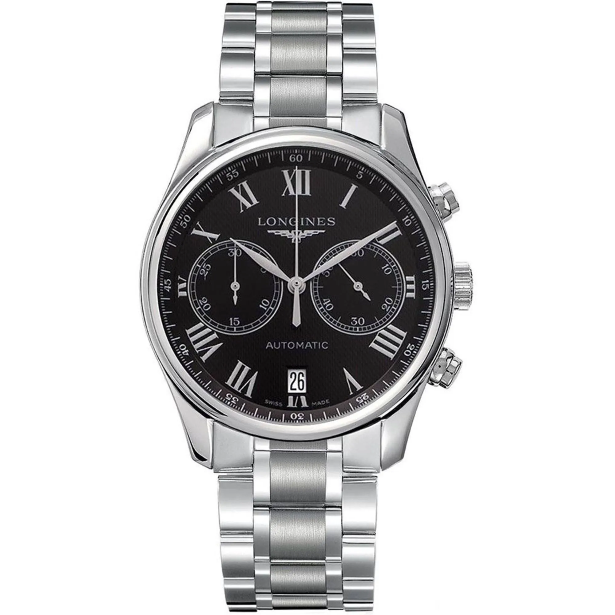 Longines Men's Watch - Master Chronograph Black Dial Silver Steel Bracelet | L26294516