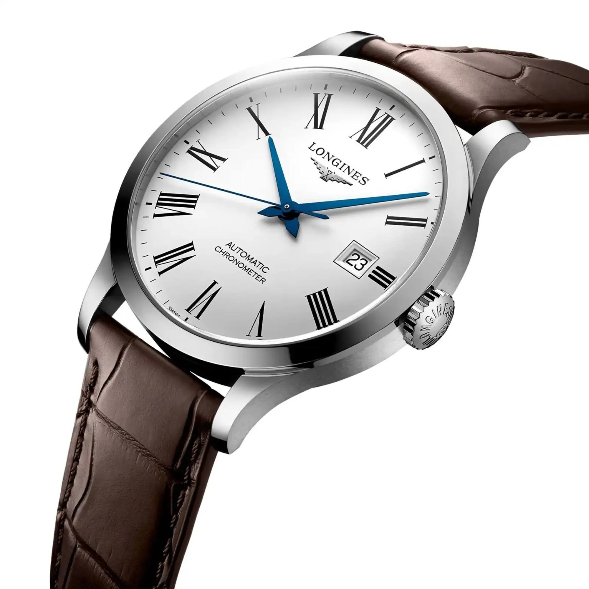 Longines Men's Watch - Record Automatic White Dial Brown Leather Strap | L28214112