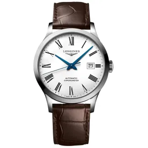 Longines Men's Watch - Record Automatic White Dial Brown Leather Strap | L28214112