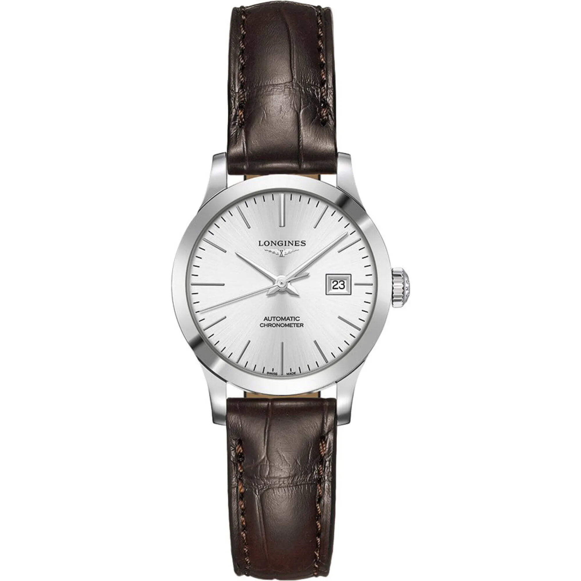 Longines Women's Watch - Record Automatic Silver Tone Dial Brown Strap | L23214722