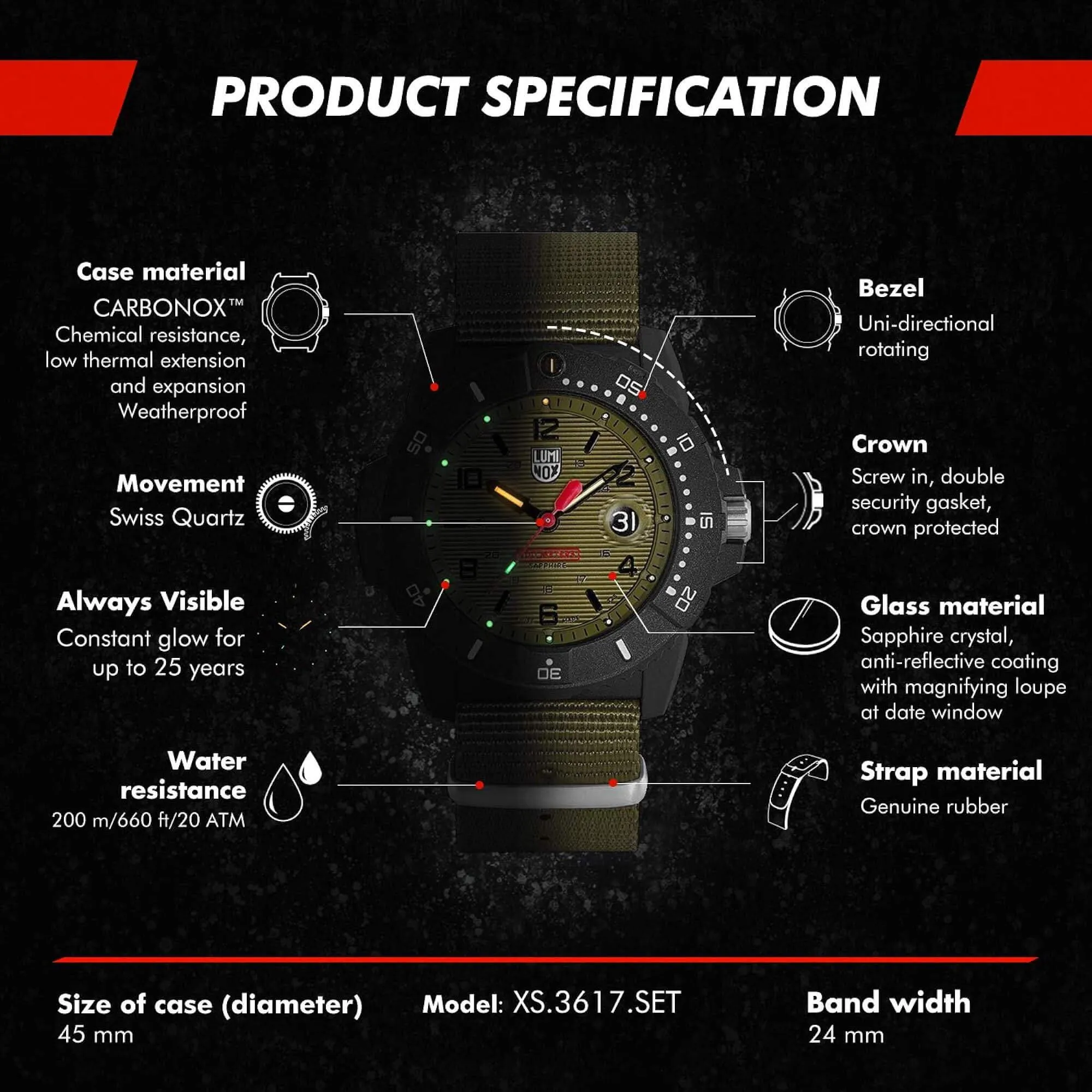 Luminox Men's Quartz Watch - Navy Seal 3600 Series Green Dial Strap Dive | 3617