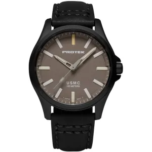 Protek Men's Watch - USMC Series Quartz Sand Dial Black Genuine Leather Strap | 3106