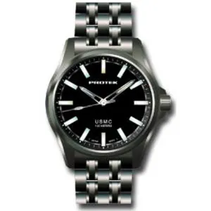 Protek Men's Watch - USMC Series Quartz Solid Black Dial Gunmetal Bracelet | 3102BR