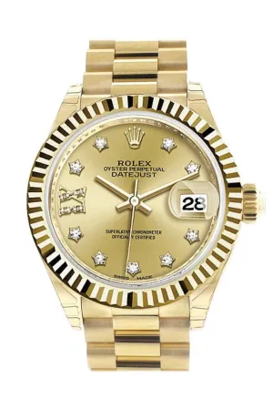 Rolex Datejust 28 Champagne Star Fluted Dial Diamond Bezel President Ladies Watch 279178 NP