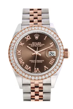 Rolex Datejust 28 Chocolate Roman Dial Diamond Bezel Rose Gold Two Tone Watch 279381RBR 279381