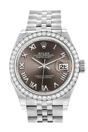 Rolex Datejust 28 Dark Grey Roman Dial Diamond Bezel Steel Jubilee Ladies Watch 279384RBR