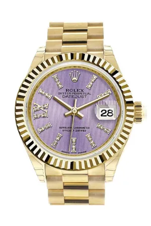 Rolex Datejust 28 Lilac Large Roman Roman Diamond Dial Fluted Bezel President Ladies Watch 279178 NP