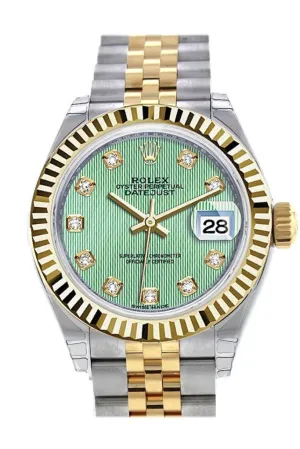 Rolex Datejust 28 Mint Green Diamond Dial Fluted Yellow Gold Two Tone Jubilee Ladies Watch 279173