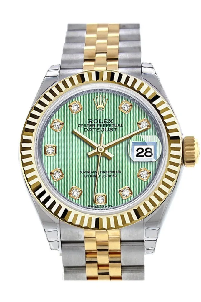 Rolex Datejust 28 Mint Green Diamond Dial Fluted Yellow Gold Two Tone Jubilee Ladies Watch 279173