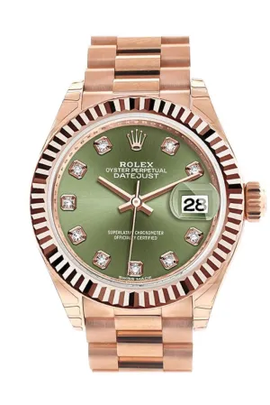 Rolex Datejust 28 Olive Green Diamond Dial Fluted Bezel Rose Gold President Ladies Watch 279175 NP