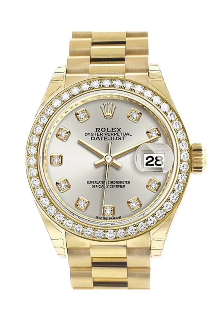 Rolex Datejust 28 Silver Diamond Dial Diamond Bezel President Ladies Watch 279138RBR NP Pre-owned