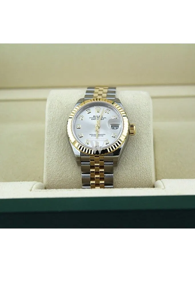 Rolex Datejust 28 Silver Diamond Dial Fluted Yellow Gold Two Tone Jubilee Ladies Watch 279173 NP Pre owned