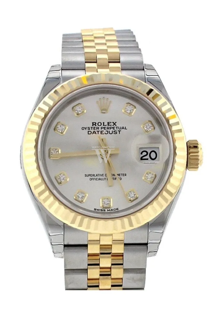 Rolex Datejust 28 Silver Diamond Dial Fluted Yellow Gold Two Tone Jubilee Ladies Watch 279173 NP Pre owned