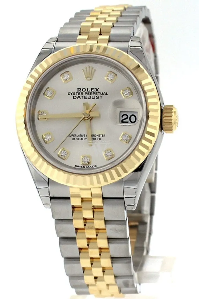 Rolex Datejust 28 Silver Diamond Dial Fluted Yellow Gold Two Tone Jubilee Ladies Watch 279173 NP Pre owned