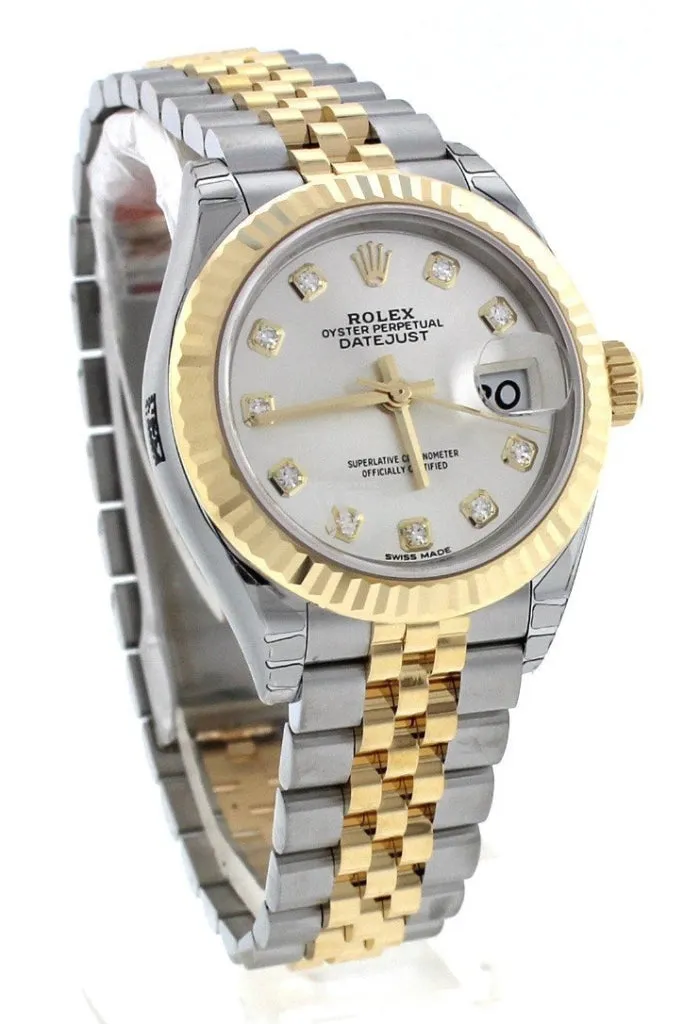 Rolex Datejust 28 Silver Diamond Dial Fluted Yellow Gold Two Tone Jubilee Ladies Watch 279173 NP Pre owned