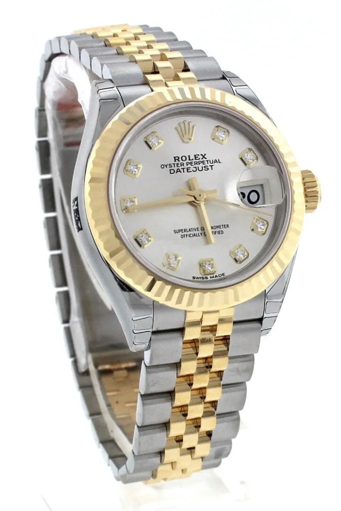 Rolex Datejust 28 Silver Diamond Dial Fluted Yellow Gold Two Tone Jubilee Ladies Watch 279173 NP Pre owned