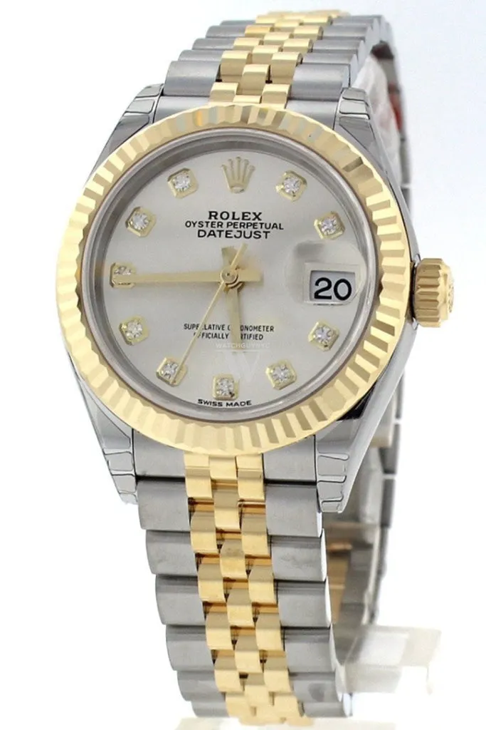 Rolex Datejust 28 Silver Diamond Dial Fluted Yellow Gold Two Tone Jubilee Ladies Watch 279173 NP Pre owned