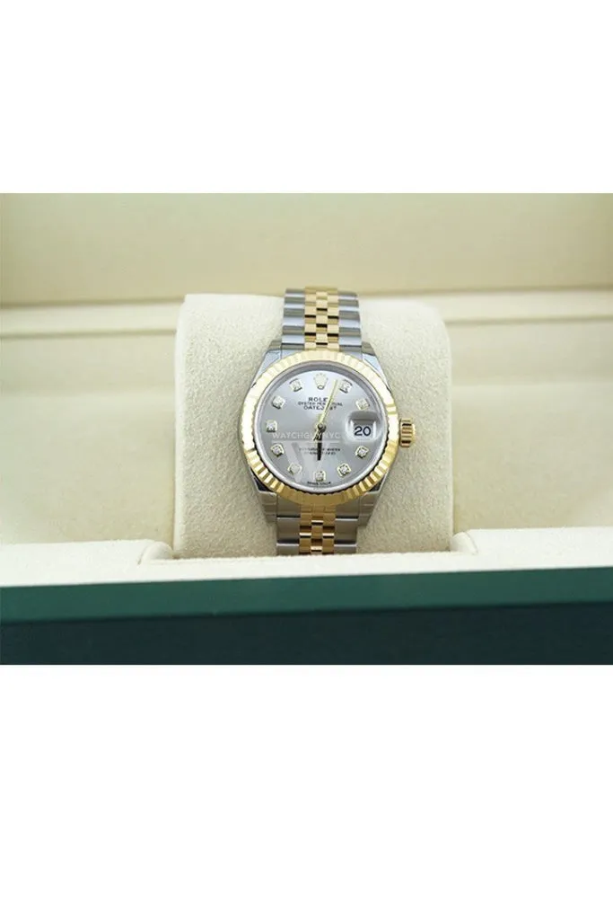 Rolex Datejust 28 Silver Diamond Dial Fluted Yellow Gold Two Tone Jubilee Ladies Watch 279173 NP Pre owned