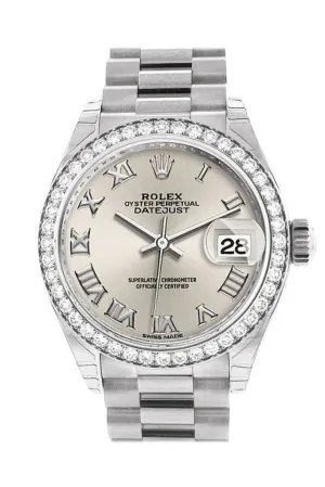 Rolex Datejust 28 Silver Roman Dial Diamond Bezel President Ladies Watch 279136RBR 279136 NP