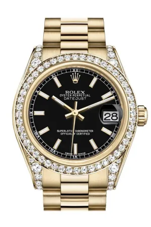 Rolex Datejust 31 Black Dial Diamond Bezel Lug 18K Yellow Gold President Ladies Watch 178158 Pre-owned