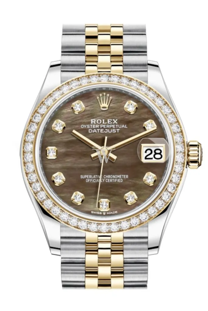 Rolex Datejust 31 Black mother-of-pearl Diamonds Dial Diamond Bezel Yellow Gold Two Tone Jubilee Watch 278383RBR 278383