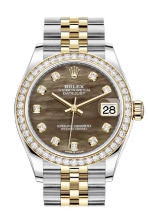Rolex Datejust 31 Black mother-of-pearl Diamonds Dial Diamond Bezel Yellow Gold Two Tone Jubilee Watch 278383RBR 278383