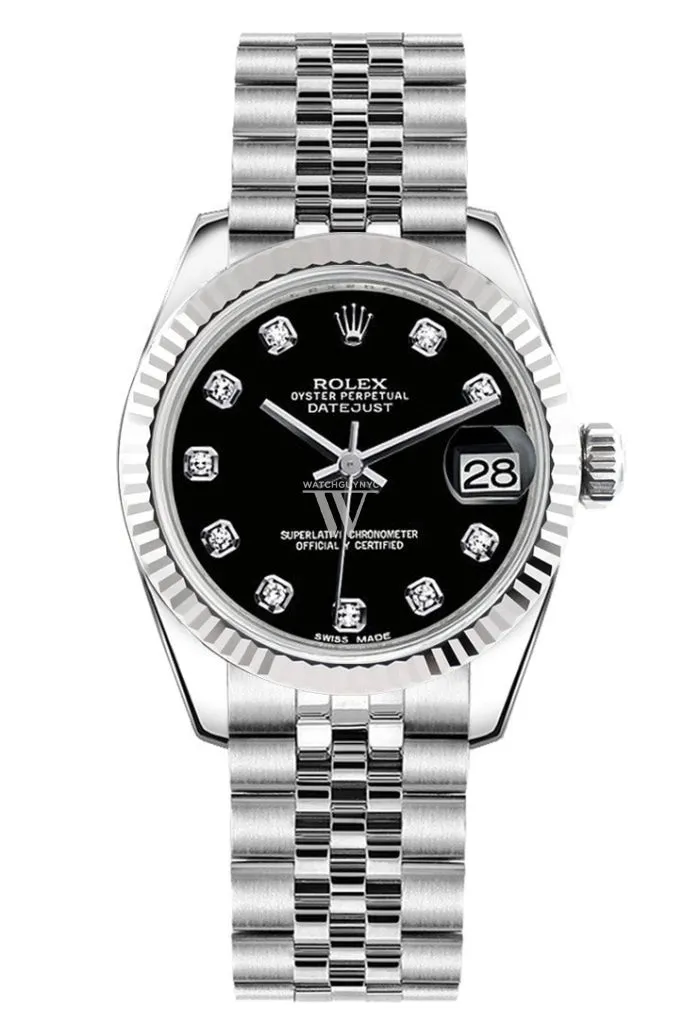 Rolex Datejust 31 Black Set Diamonds Dial White Gold Fluted Bezel Jubilee Ladies Watch 178274 Pre-owned