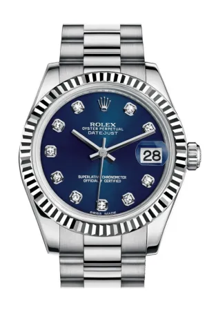 Rolex Datejust 31 Blue Diamond Dial Fluted Bezel 18K White Gold President Ladies Watch 178279 Pre-owned