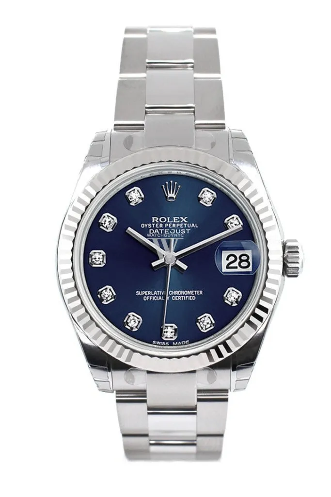 Rolex Datejust 31 Blue Set Diamonds Dial White Gold Fluted Bezel Ladies Watch 178274  Pre-owned