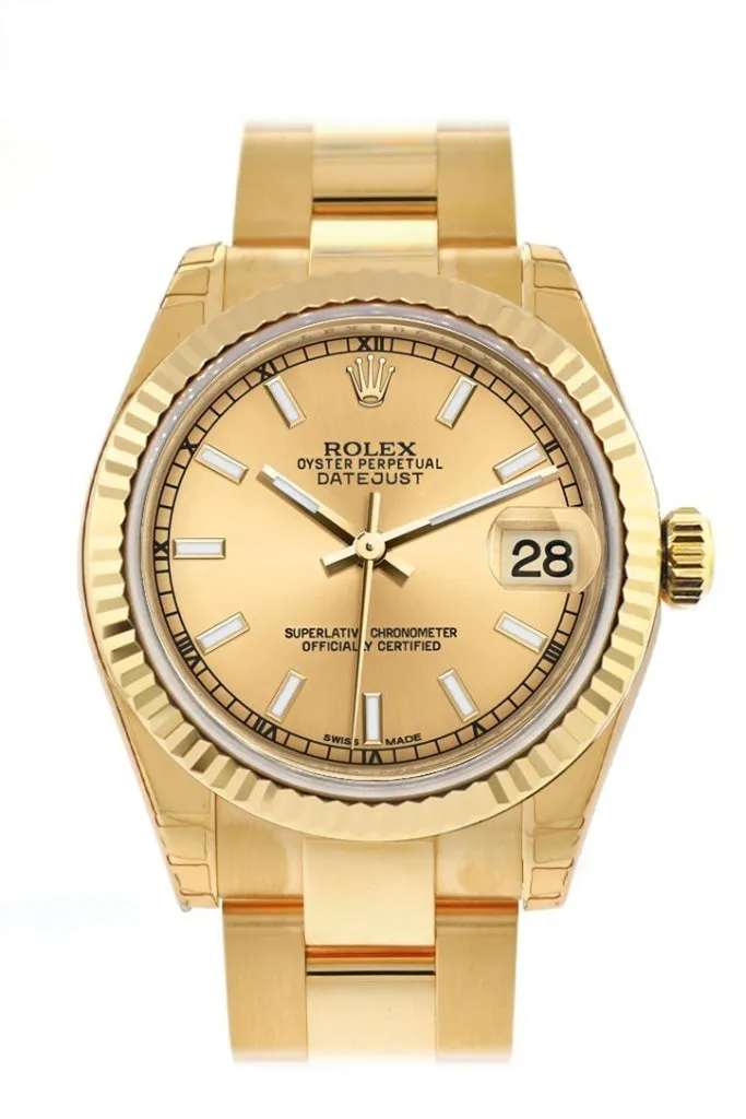 Rolex Datejust 31 Champagne Dial Fluted Bezel 18K Yellow Gold Ladies Watch 178278  Pre-owned