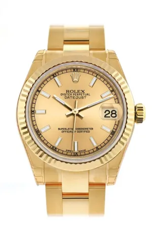 Rolex Datejust 31 Champagne Dial Fluted Bezel 18K Yellow Gold Ladies Watch 178278  Pre-owned