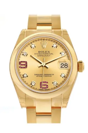 Rolex Datejust 31 Champagne Diamonds Rubies Dial 18K Yellow Gold Ladies Watch 178248 Pre-owned