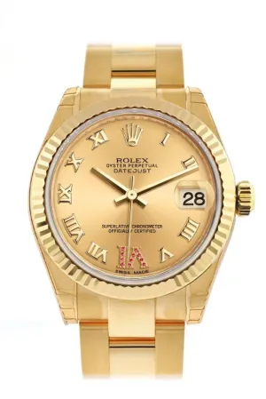 Rolex Datejust 31 Champagne Large VI Rubies Dial Fluted Bezel 18K Yellow Gold Ladies Watch 178278 Pre-owned