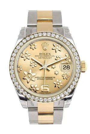 Rolex Datejust 31 Champagne raised floral motif Dial Diamond Bezel Yellow Gold Two Tone Watch 178383 Pre-owned