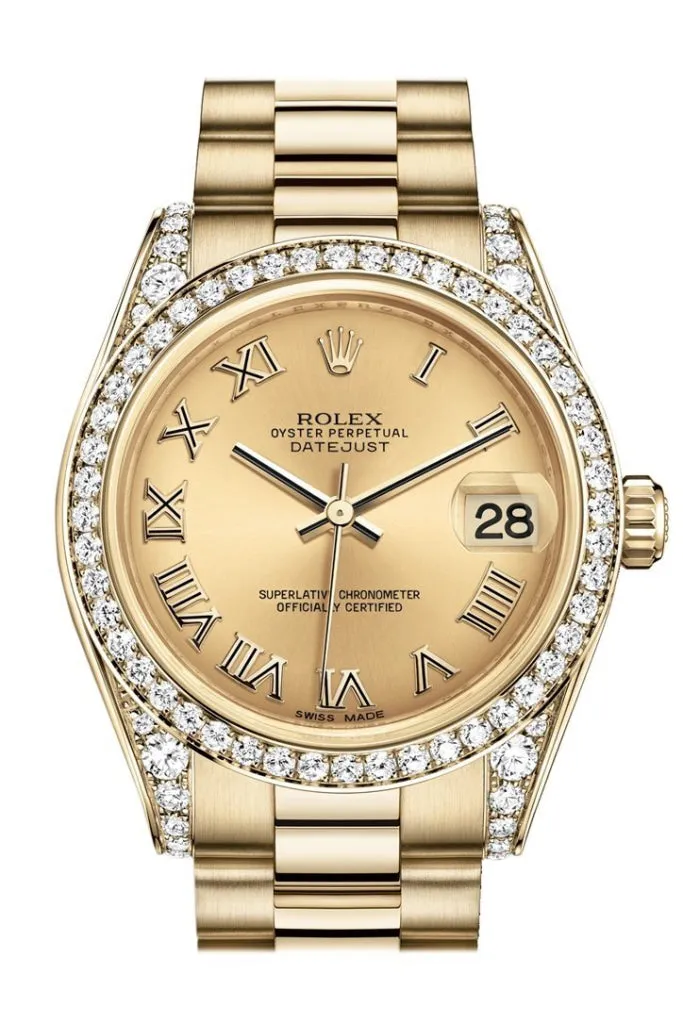 Rolex Datejust 31 Champagne Roman Dial Diamond Bezel Lug 18K Yellow Gold President Ladies Watch 178158 Pre-owned