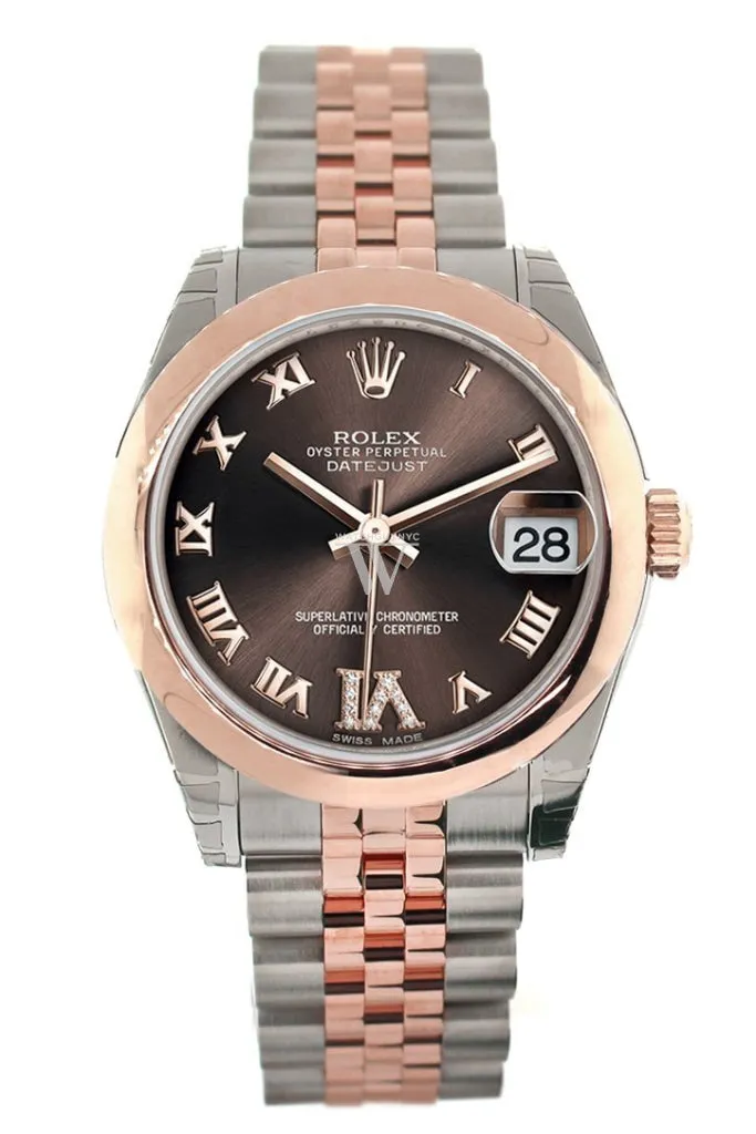 Rolex Datejust 31 Chocolate Roman Large VI set with Diamond Dial 18K Rose Gold Two Tone Jubilee Ladies Watch 178241
