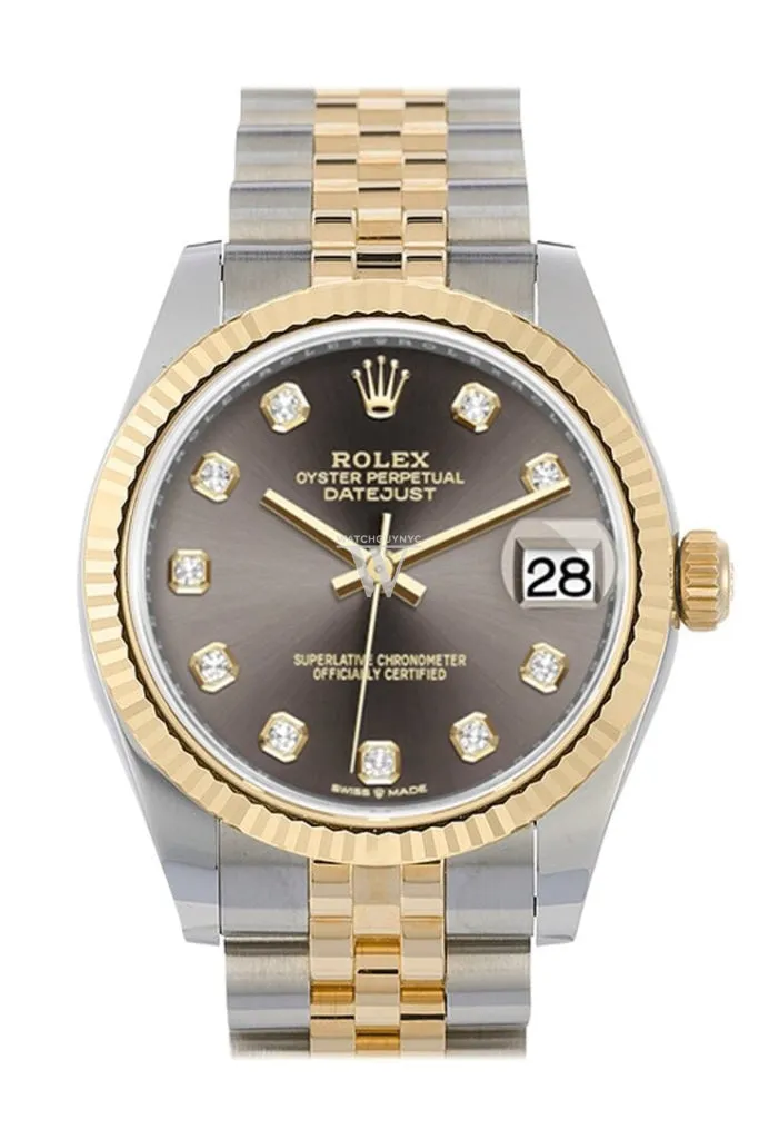 Rolex Datejust 31 Dark Grey Diamonds Dial Fluted Bezel 18K Yellow Gold Two Tone Jubilee Watch 278273 NP