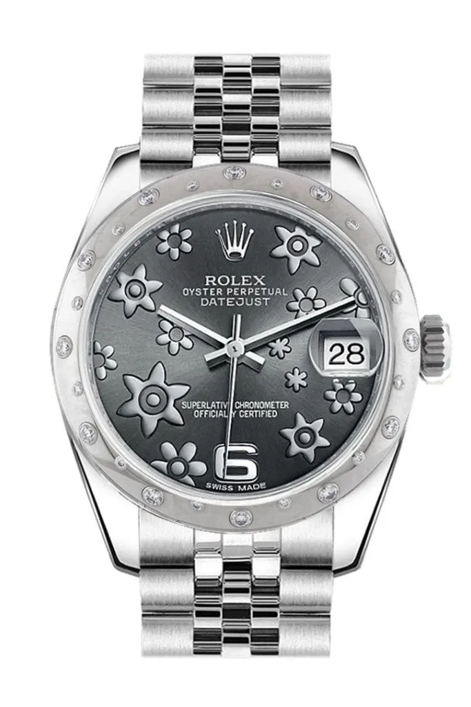Rolex Datejust 31 Dark rhodium raised floral motif Dial Gold Dome set with Diamonds Bezel Jubilee Ladies Watch 178344 Pre-owned